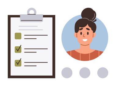 Çizelgenin yanında sırıtan kadın portresi, listeli, tamamlanmış görevler. Üretkenlik, görev yönetimi, planlama, hedef belirleme, organizasyon, kendini geliştirme motivasyonu için idealdir. Minimalist