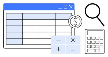 Hesap çizelgesi, dolar simgesi, büyüteç, hesap makinesi ve matematiksel semboller. Finans, muhasebe, bütçe, veri yönetimi denetleme iş planlaması ve basit bir daire için ideal