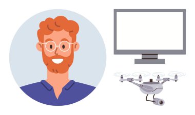 Kızıl saçlı, gözlüklü, tebessüm eden, kamera ve bilgisayar monitörlü gelişmiş bir kuadkopter. Teknoloji için ideal, uzaktan çalışma, yenilik, yaratıcılık, medya üretimi, gözetim modern