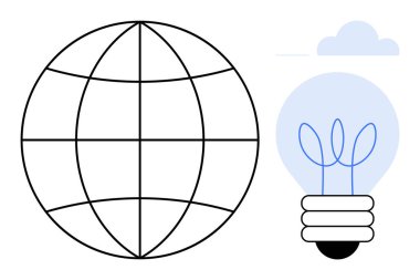 Bir ampulün yanında ızgara çizgileri olan dünya filamanları ve tepedeki bulutları içeriyor. Sürdürülebilirlik, yenilik, küresel fikirler, eko-bilinç, bağlantı, enerji için ideal