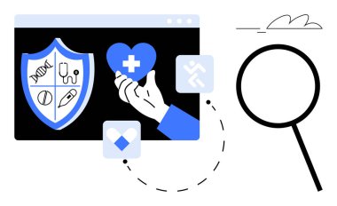 İçinde tıbbi semboller, haçla tutulmuş kalp, dinamik simgeler ve büyüteç var. Sağlık, tıbbi araştırma, sağlık sigortası, teşhis ve koruma için idealdir.