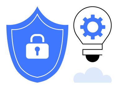 Kilitli güvenlik kalkanı, donanım ampul, bulut. Siber güvenlik, yenilik, veri gizliliği, yazılım, teknolojik çözümler, güvenli depolama gelecek kavramları için idealdir. Basit düz metafor