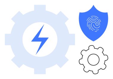 Enerji cıvatalı dişliler, parmak izli güvenlik kalkanı ve daha küçük teçhizatlar. Teknoloji, güç sistemleri, veri koruması, siber güvenlik, verimlilik, otomasyon için ideal basit düz metafor