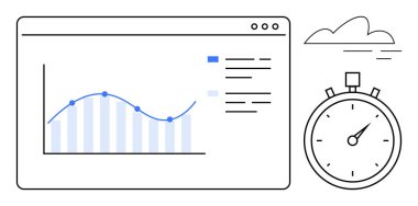 Web arayüzündeki grafikler, kronometre zaman yönetimini sembolize ediyor ve basit bir bulut. İzleme, performans değerlendirmesi, analitik, üretkenlik, planlama, zaman verimliliği için idealdir.