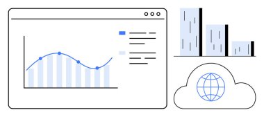 Veri noktaları olan grafik çizelgesi, dikey çubuk grafiği, dünya simgesi olan bulut. Veri analizi, istatistik, bulut hesaplama, iş stratejisi, dijital yenilik, küresel bağlantı için ideal