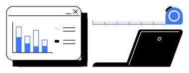 Bir penceredeki çubuk çizelge, genişletilebilir cetvel ve veri analizini, performans ölçümünü, araştırmayı, verimliliği, işbirliği ve büyümeyi sembolize eden dizüstü bilgisayar. Temiz düz metafor