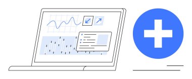 Mavi bir tıbbi haçın yanında dizüstü bilgisayarda çizelgeler ve grafikler var. Sağlık, veri bilimi, teknoloji, araştırma, yenilik, sağlık izleme teşhisleri için idealdir. Basit düz metafor