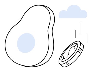 Tohumlu avokado ana hatları, merkezi tasarımı bozuk para ve yağmur damlaları saçan yüzen bulut. Sağlık, finans, sürdürülebilirlik, doğa, büyüme yatırımları için ideal. Basit düz metafor