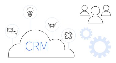 İletişim simgeleri, alışveriş arabası, ampul, vites sistemi ve kullanıcı profillerine bağlı CRM etiketli bulut. İş araçları, takım işbirliği, müşteri yönetimi ve yenilik için ideal
