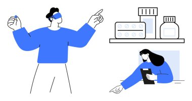 İlaç rafının yanında ilaç şişeleri ve eczacı notları yazan sanal gerçeklik kulaklığı kullanan biri. Yenilik, sağlık, eczane, ilaç, teknoloji, eğitim ve basit iniş için ideal