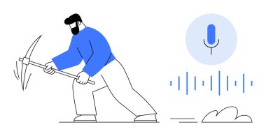 Kazma kullanan kişi, ses teknolojisini ve veri madenciliğini sembolize eden mikrofon ve ses dalgalarıyla yan yana gelen manüel çabayı temsil ediyor. Yenilik, teknoloji, veri işleme, karşıtlık için ideal