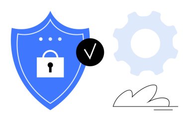 Güvenlik için asma kilit ve kontrol işaretli kalkan ayarlar için teçhizat, bulut çizgisi. Veri koruması, gizlilik, teknoloji, sistem yönetimi, bulut hesaplama, güvenlik denetimleri için ideal