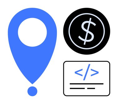 Mavi lokasyon rozeti, daire şeklinde dolar işareti ve kodlama etiketi. Temalar için ideal konum, finans, teknoloji, programlama, e-ticaret uygulaması geliştirme kullanıcı arayüzü. Basit düz