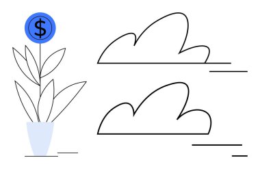Çiçek olarak madeni para ve iki minimalist bulut olan saksı bitkisi finansal büyüme, refah ve yeniliğe işaret ediyor. İş, yatırım, finans, strateji, büyüme, ilham kaynağı için ideal