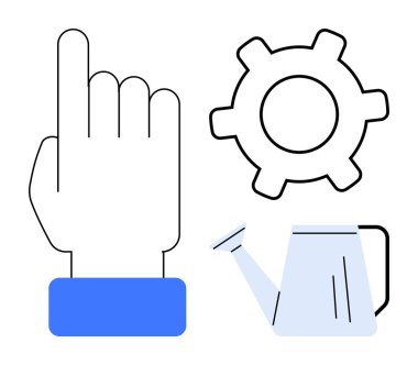 Yukarı doğru el işareti, süreçler için dişli sembolü, ve büyüme konsepti için sulama kutusu. Takım çalışması, ilerleme, yenilik, gelişme, eğitim destek liderliği için idealdir. Düz basit metafor
