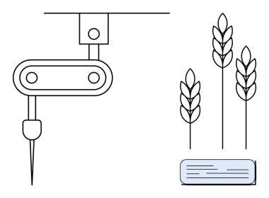 Buğday sapları ve tarımda kullanılan veri engelleme teknolojisinin yanında hassas aletlere sahip robot kol. Tarım teknolojisi, otomasyon, yenilik, modern tarım, ürün yönetimi, sürdürülebilir