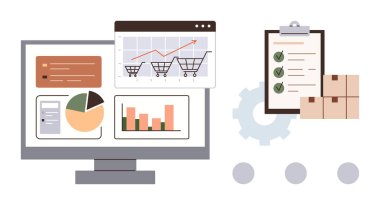 Veri analiz paneli monitörde grafikler ve çizelgeler, panoda kontrol işaretleri ve karton kutular. E-ticaret, envanter, veri yönetimi, planlama ve lojistik için ideal
