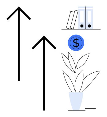 Yukarıya bakan oklar, bitkide büyüyen mavi para, organize kitap rafı. Yatırım, finans, iş büyümesi, başarı, organizasyon verimliliği ve minimalizm için idealdir. Basit düz metafor