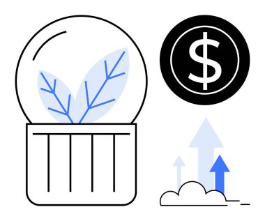 Cam konteynırdaki bitki sürdürülebilirliği simgeler, finansal başarı için dolar işareti, büyüme ve ilerlemeyi gösteren oklar. İş, finans, sürdürülebilirlik, yatırım, girişimcilik için ideal