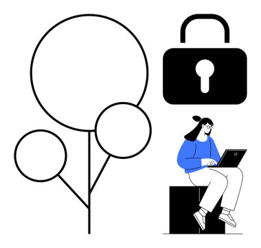 Güvenlik için ikon kilitle, büyümek için soyut ağaç ve bağlantı için dizüstü bilgisayarı olan kadın. Teknoloji için ideal, çevrimiçi güvenlik, veri şifreleme, yenilik, iletişim, eğitim için basit bir daire