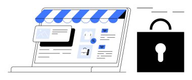 Çevrimiçi mağaza arayüzü olan dizüstü bilgisayar, vitrin güneşliği, siber güvenliği vurgulayan asma kilit. E-ticaret, çevrimiçi alışveriş, dijital güvenlik, siber güvenlik, ödeme koruması, kullanıcı verileri için ideal