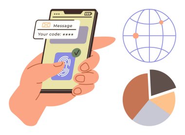 Parmak izi tarayıcısı, kod doğrulaması, küresel ağ, analitik ikonu olan bir akıllı telefonu elinde tutmak. Siber güvenlik, mobil uygulama, iletişim, e-ticaret, veri gizliliği, çevrimiçi bankacılık için ideal