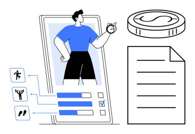 Fitness süreci çizelgesi, aktivite simgeleri, kontrol listesi, bozuk para ve belge simgesi olan kişiler. Sağlık takibi, refah, organizasyon, üretkenlik ödülleri için ideal basit düz metafor finansmanı