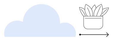 Mavi bulut, yapraklı ve ileri oklu bir saksının yanında. Büyüme, sürdürülebilirlik, yenilik, ilerleme, doğal gelişme, eko-dostluk, ileri görüşlülük için idealdir. Çok basit.