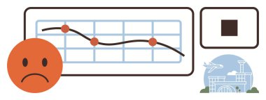 Aşağı yönlü eğilimleri, küçük havaalanı ikonunu ve uçuş görüntülerini gösteren bir çizginin yanında üzgün bir yüz. Seyahat analizi, iş performansı, ekonomi, ulaşım, turizm ve kriz etkisi için ideal