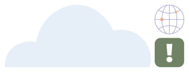 Büyük bulut simgesi, bağlantı noktaları olan dünya ve uyarı sembolü küresel veri, bulut depolama, güvenlik veya bağlantı sorunlarını ortaya koyuyor. Teknoloji, veri ve güvenlik alarmı için ideal Küresel farkındalık riski