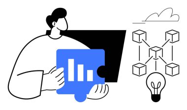 Ekranın yanında bar çizelgesi olan bir yapboz parçası tutan kişi. Ağ küpleri ve ampul. İş için ideal, veri analizi, problem çözme, yenilik, işbirliği, bağlantı