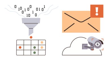 İkili verileri filtreleyen huni, zarf üzerindeki alarm uyarısı bulut deposundaki güvenlik kamerası, basit şebeke şeması. Dijital koruma, siber güvenlik, veri yönetimi, bulut güvenliği ve yapay zeka için ideal