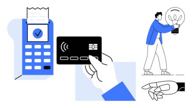 Kart işlemler için ödeme terminalini kapatır. Yeniliği sembolize eden ampulü elinde bulunduran kişi. El noktaları, dijital etkileşim vurgulandı. Finans, perakende, modern ödeme ve teknoloji için ideal