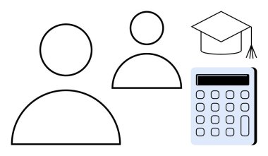 Hesap makinesi ve mezuniyet şapkasının yanında kullanıcı figürleri bilgi, öğrenme, finans veya hesaplamayı ima eder. Eğitim, öğrenim, bütçe, ilerleme, kariyer büyümesi veya e-öğrenim temaları için ideal