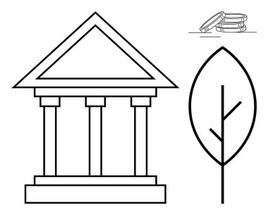 Yapı, yaprak ve madeni para yığını, yönetim, çevre dostluğu ve ekonomiyi temsil ediyor. Sürdürülebilirlik, finans, yönetim, çevre bankacılığı için ideal