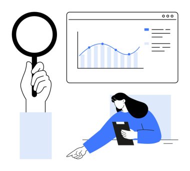 El ele tutuşan büyüteç, ekrandaki eğilimli grafikler, pano ile veri analiz eden kadın, açıklama için işaret eden. Analiz, araştırma, iş, strateji, eğitim planlaması için ideal