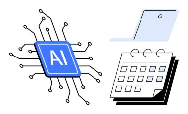 Devrelerle bağlı yapay zeka çipi, açık dizüstü bilgisayar ve modern teknoloji entegrasyonunu vurgulayan takvim, planlama, programlama. Yenilik için ideal, zaman yönetimi, yapay zeka entegrasyonu, veri güdümlü