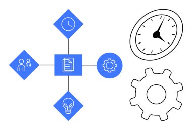 Saat, dişli, takım ve ampul simgeleriyle çevrili merkez belge takım çalışması, planlama, yenilik ve verimliliği temsil ediyor. Üretkenlik, iş akışı işlemleri, zaman yönetimi işleri için ideal