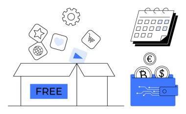 Ücretsiz uygulama simgeleri, takvim ve içinde bozuk para, avro ve dolar olan dijital cüzdan etiketli kutuyu aç. Teknoloji, finans, zaman yönetimi, e-ticaret kripto para birimi pazarlama yeniliği için ideal