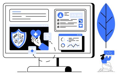 Sağlık ve sigorta verilerini, analitik çizelgelerini ve kullanıcı profilini gösteren bilgisayar ekranı. Sağlık, teknoloji, finans, yenilik, veri görselleştirme, analitik basit iniş sayfası için ideal