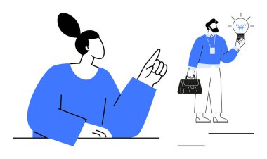 Analiz eden ve erkek gibi işaret eden kadın, yenilik için bir metafor olan parlayan ampulü sunar. Takım çalışması, beyin fırtınası, yaratıcılık, işbirliği, liderlik, problem çözme, karar verme