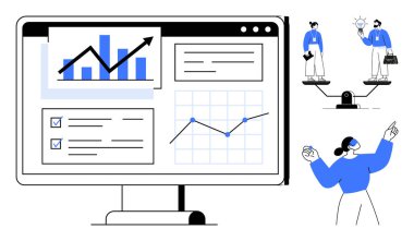 Veri tabloları ve grafikleri gösteren masaüstü, fikirleri paylaşan dengeli iş arkadaşları ve rehberlik eden bir profesyonel. İş stratejisi, takım çalışması, liderlik, analitik, yenilik, sorun çözme için ideal