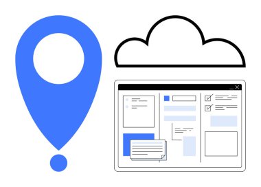 Konum iğnesi ve bulut simgesiyle birlikte formları ve notları olan dijital gösterge paneli. Navigasyon, bulut hesaplama, verimlilik, işbirliği, teknoloji, veri depolama, modern iş akışı için ideal. Basit.