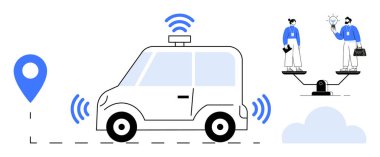 Otomatik çalışan araba, harita iğnesinin yakınından sinyal yayıyor. İki insan bir ampul tutarak terazide dengede durur. Teknoloji, yenilik, özerklik, navigasyon, takım çalışması, fikir verileri için ideal. Basit düz