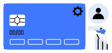 Çipli mavi ödeme kartı, ayarlar için teçhizat, kullanıcı profili simgesi ve grafiklerdeki verileri analiz etme şekli. Finans, teknoloji, veri yönetimi, güvenlik, e-ticaret stratejisi için ideal basit