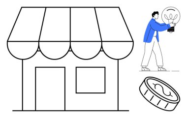 Perakende satış mağazası tenteli, parlayan bir ampul fabrikası ve bozuk para yığını tutan biri. Girişimcilik, yenilik, küçük işletme, finans, sürdürülebilirlik, girişim ve yatırım için ideal