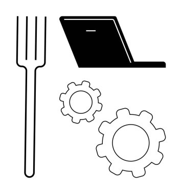Dizüstü bilgisayarın yanında teknoloji, el işi ve yenilik arasındaki sinerjiyi sembolize eden iki dişli çatal. Üretkenlik, takım çalışması, sorun çözme, yenilik, iş akışı, iş stratejisi için ideal