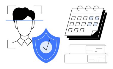 Yüz tanıma taraması, işaretli kalkan, takvim, istiflenmiş kitaplar kimlik korumasını, programlamayı ve öğrenmeyi vurguluyor. Güvenlik, teknoloji ve eğitim mahremiyeti için ideal