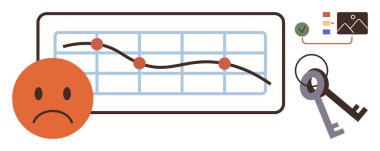 Hüzünlü yüz, görsel ölçüler ve çözümleri temsil eden anahtarlarla grafikte azalan eğilim. İş kaybı, veri analizi, planlama, strateji, ekonomi ve risk metaforu için ideal