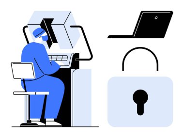 Siber güvenliği, veri güvenliğini, mahremiyeti, güvenli erişimi, teknolojiyi, şifrelemeyi ve dijital korumayı temsil eden kişi. Basit düz metafor